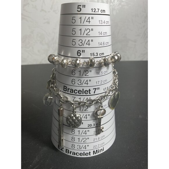 Two-Layer Silver Charm Bracelet With Tassel & Heart Pendants - Picture 2 of 5